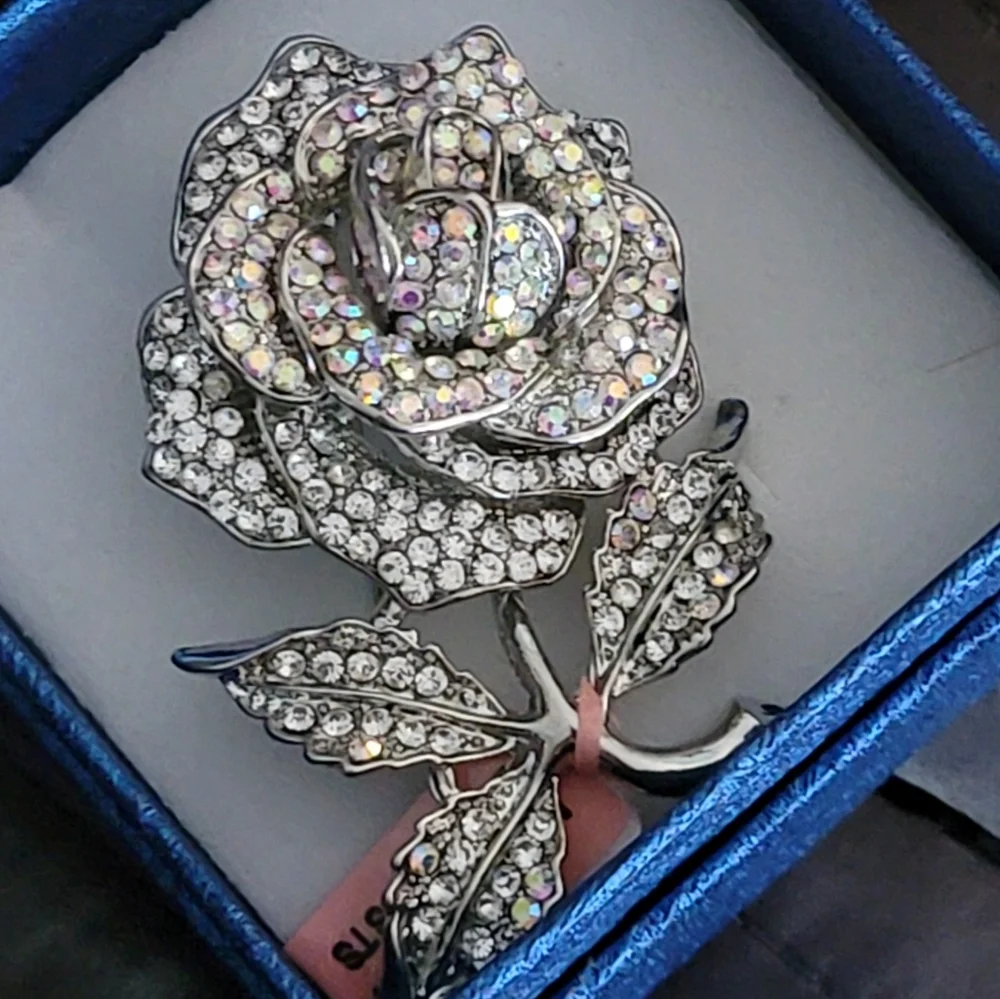 Chrome Silver Rose Crystal Color Accent Stones Flower Pin Brooch NWT